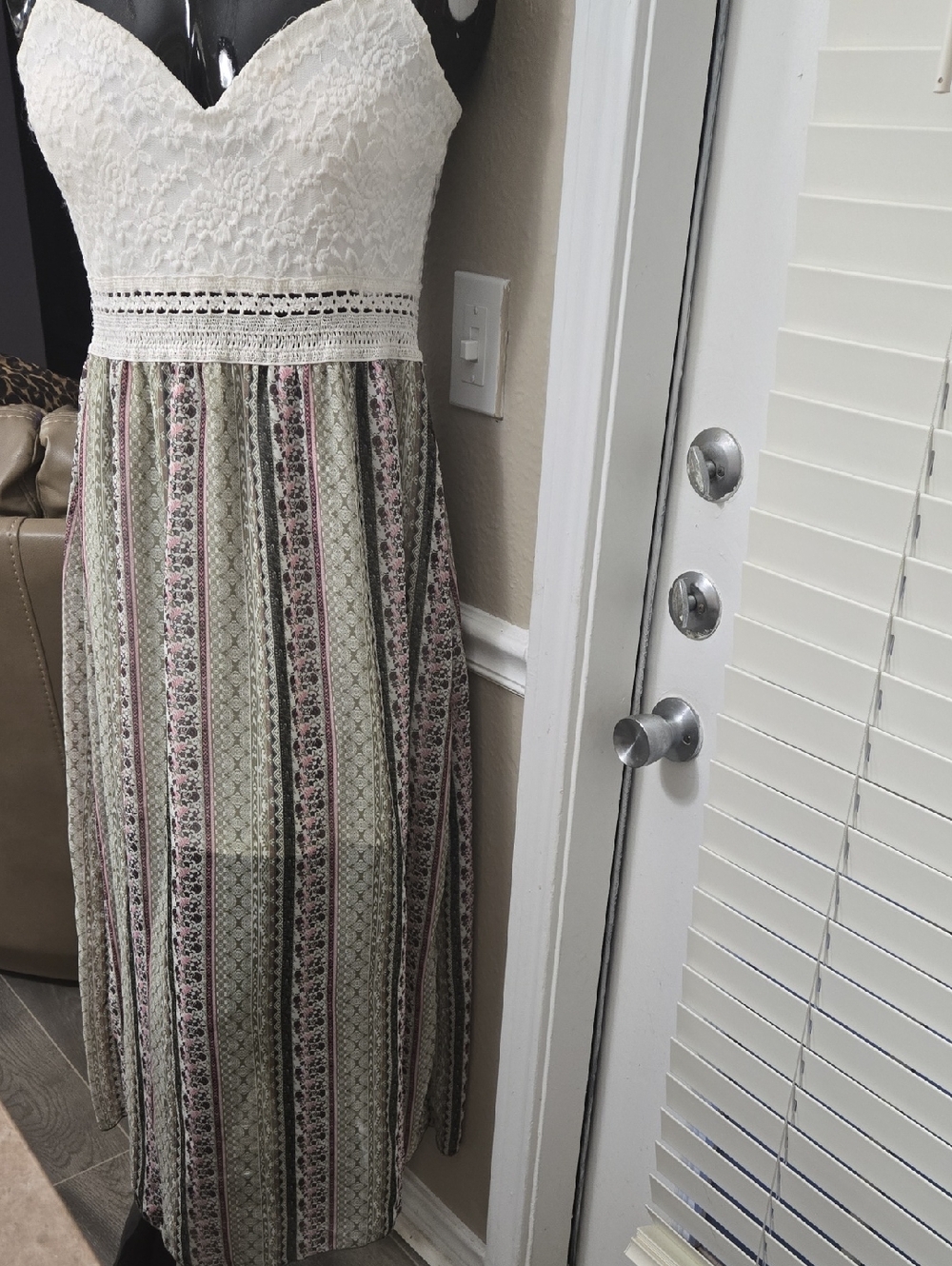 Justify Lace Bodice Maxi Dress in White and Green with Pink Stripes
